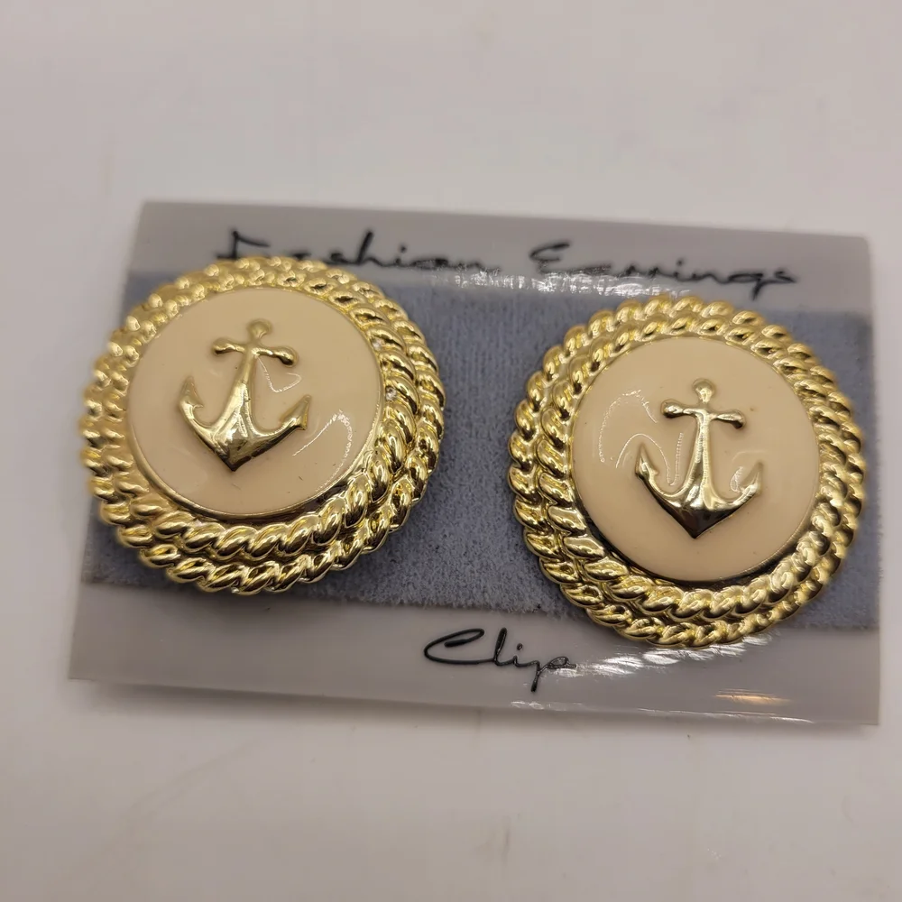 Vintage Sailor Gold & White Tone Enamel New Old Stock Earrings